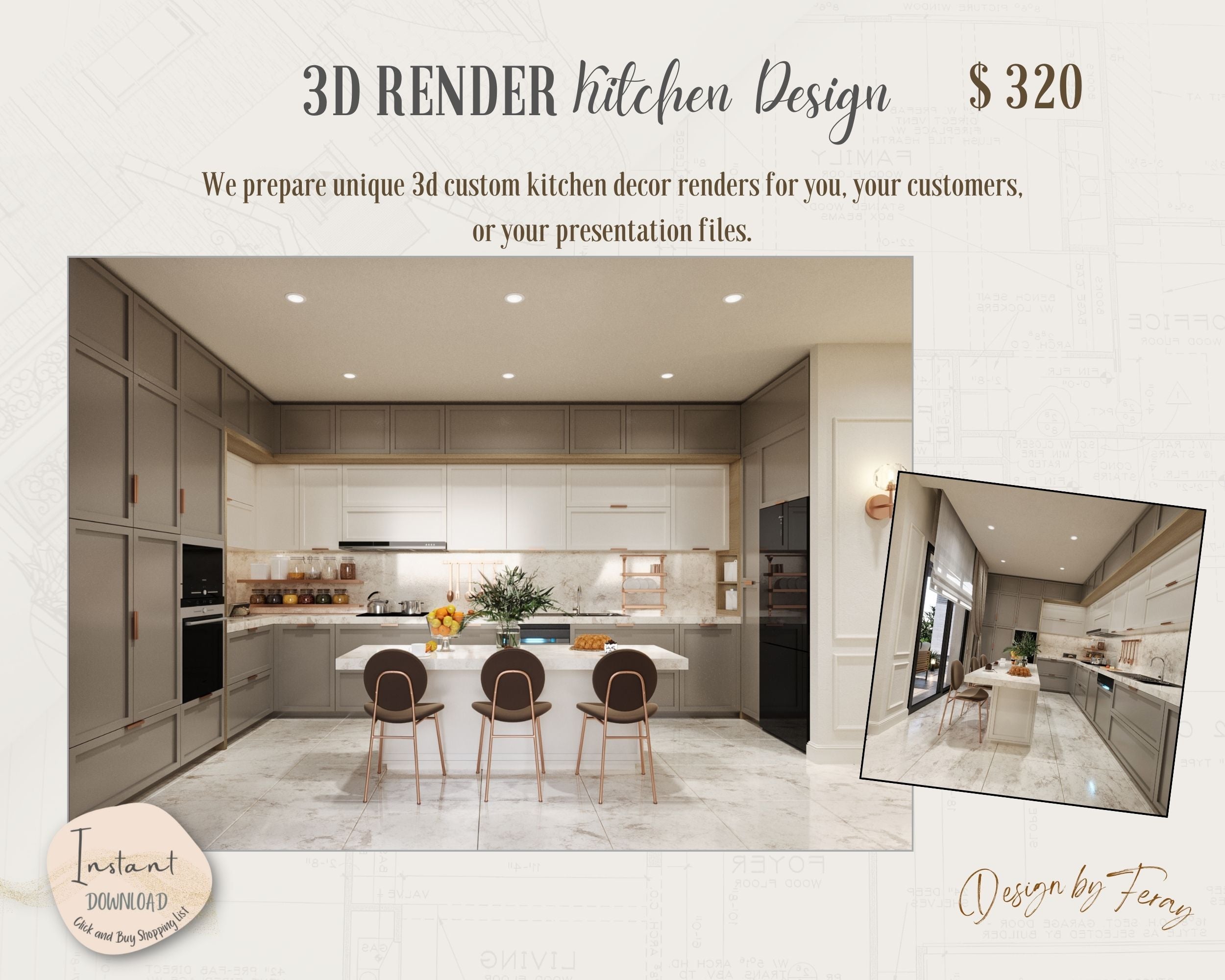3D Custom Kitchen View Renders | Virtual Interior Design |E-Design ...