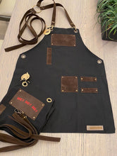 Load image into Gallery viewer, Unisex, Black Fabric Apron with Faux Suede Pockets