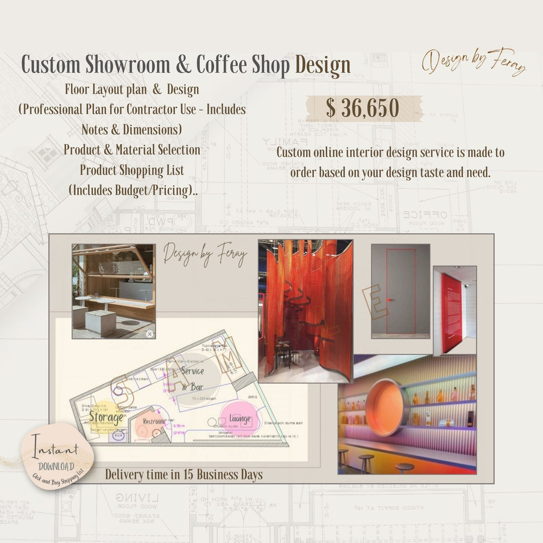 Custom Showroom Decoration and Coffee Shop Design | Virtual E-Design Service | Office Interior Design Design